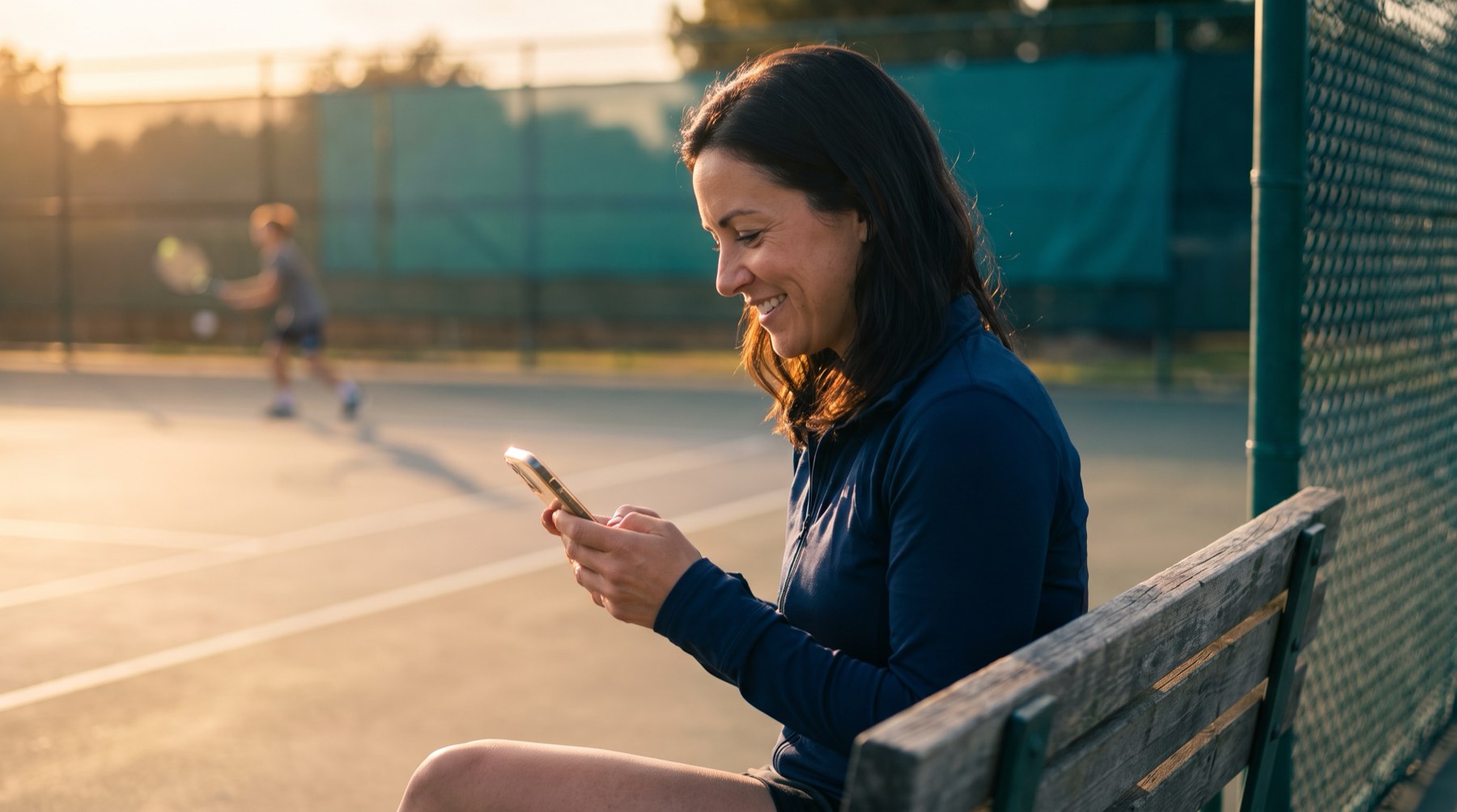A parent checking her phone courtside while her child trains