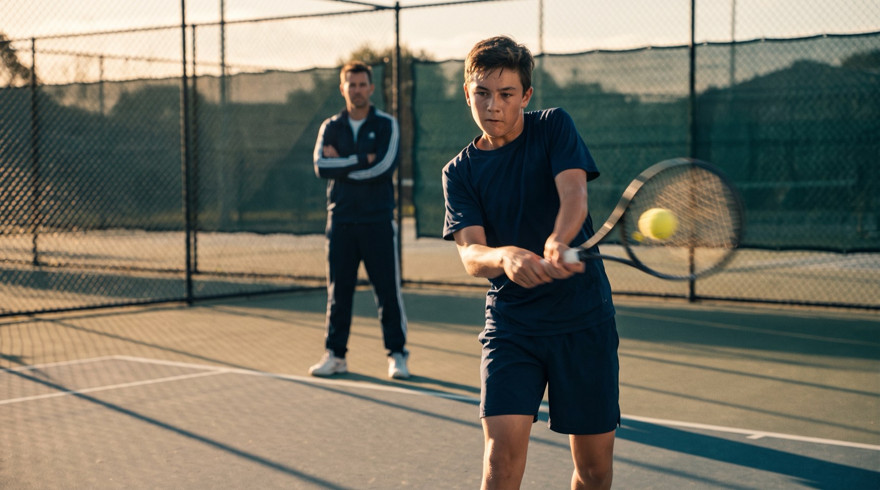 Junior player hitting a backhand at golden hour, coach watching