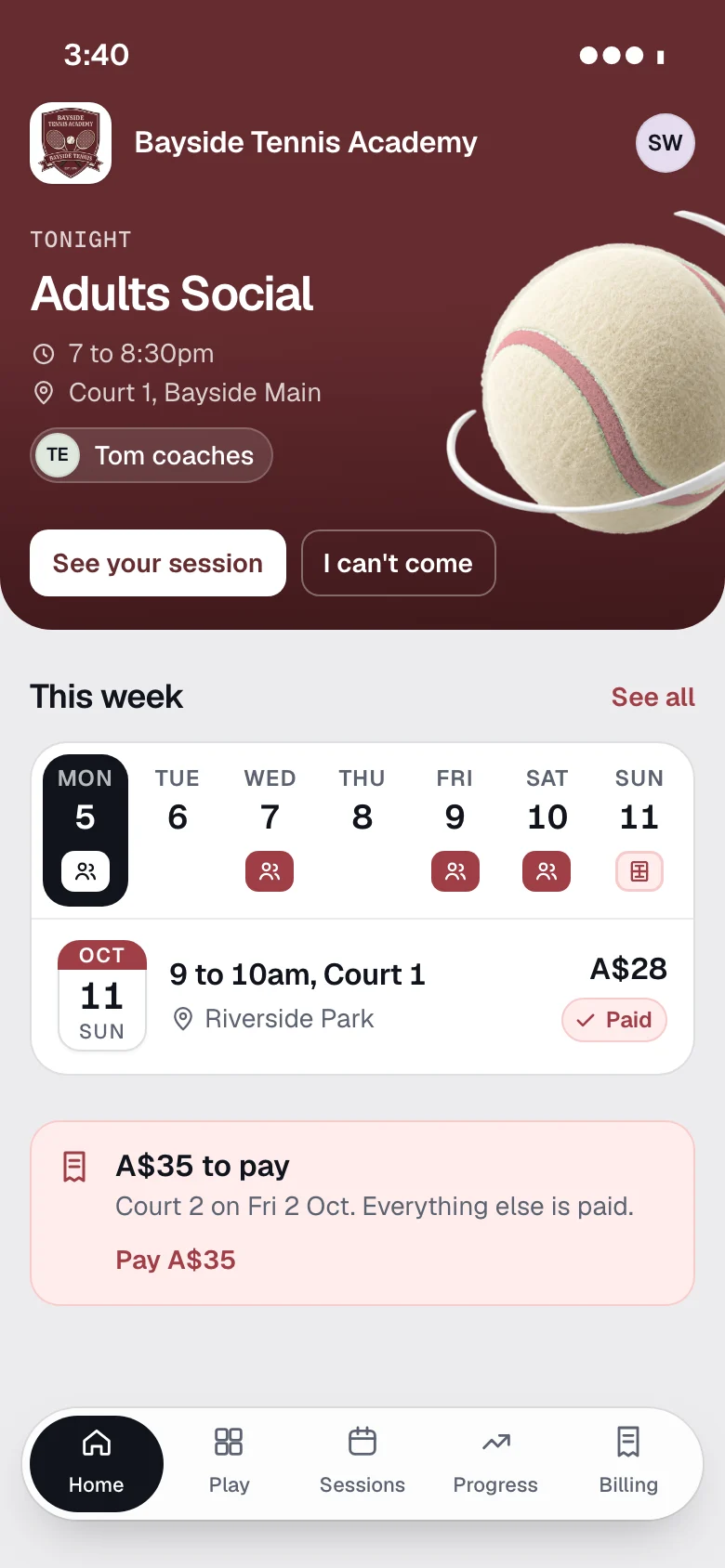 The club's app on a player's phone: tonight's session, this week and what is left to pay