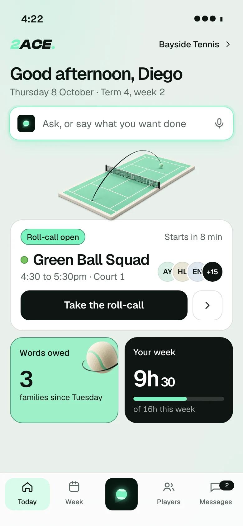 The coach's day: Green Ball Squad starts in 8 minutes, roll call open