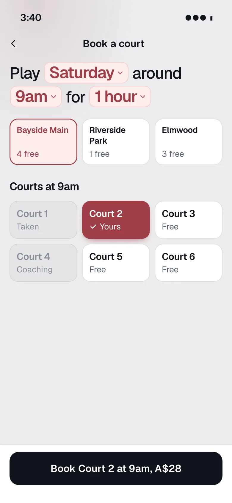 Book a court: the day, the time, the venue and the free courts at 9am