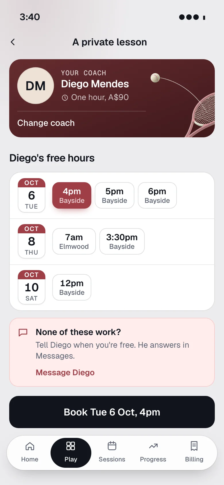 A private lesson: the coach, the price of an hour and their free hours
